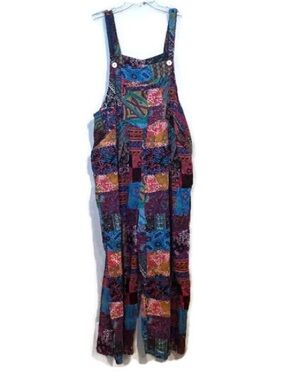 Boho Patchwork 100% Cotton Wide Leg Bib Overalls Festival Jumpsuit Size 2X